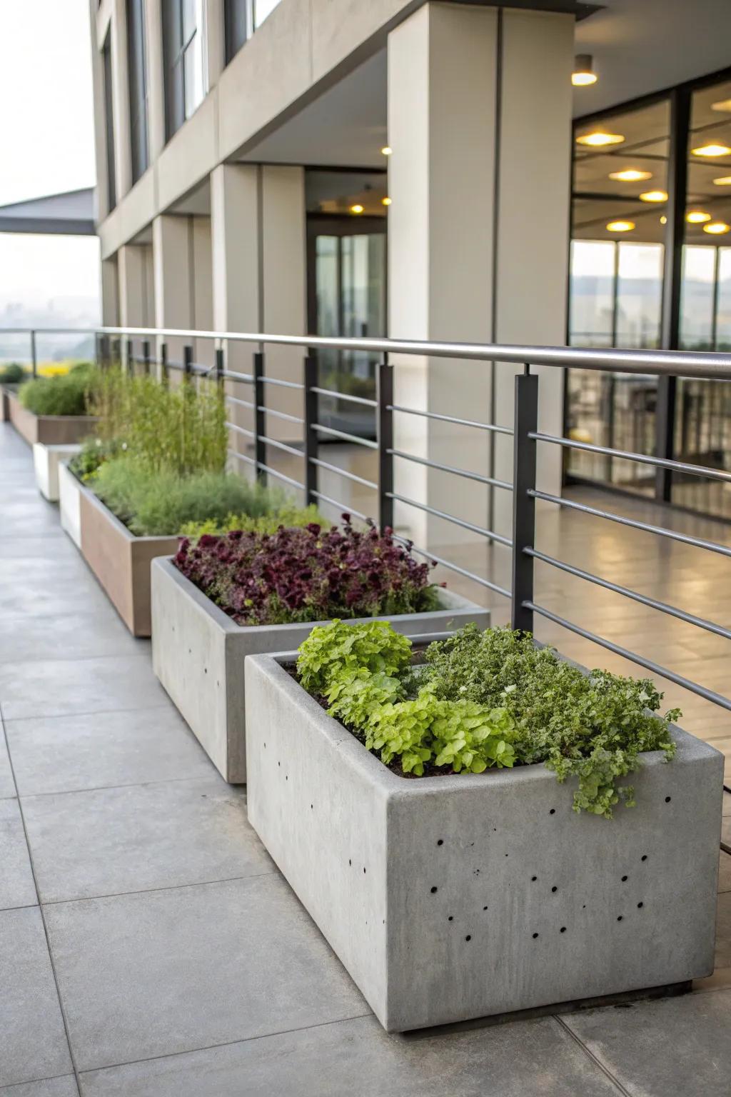 Industrial and sleek: Concrete planters for modern microgreen aesthetics.