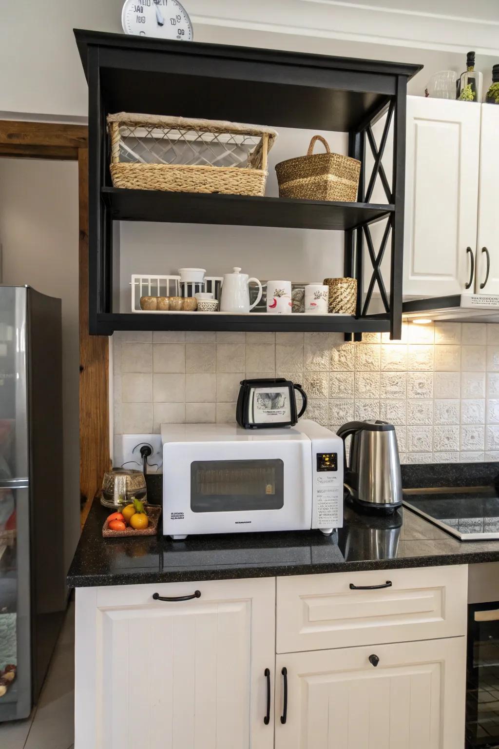 Understated elegance with a black shelf for the microwave.