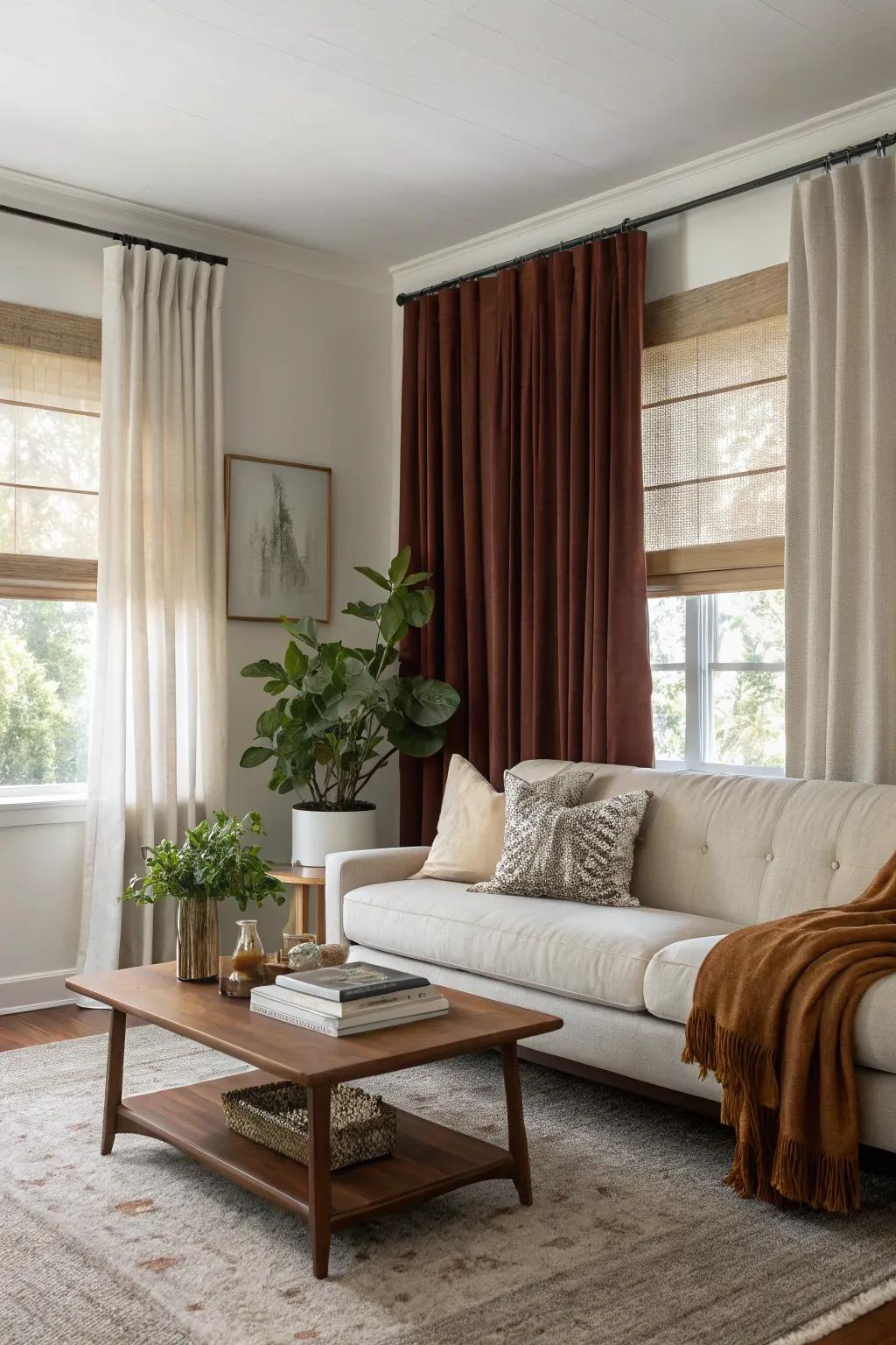 Layered textures add depth and richness to mid-century window decor.