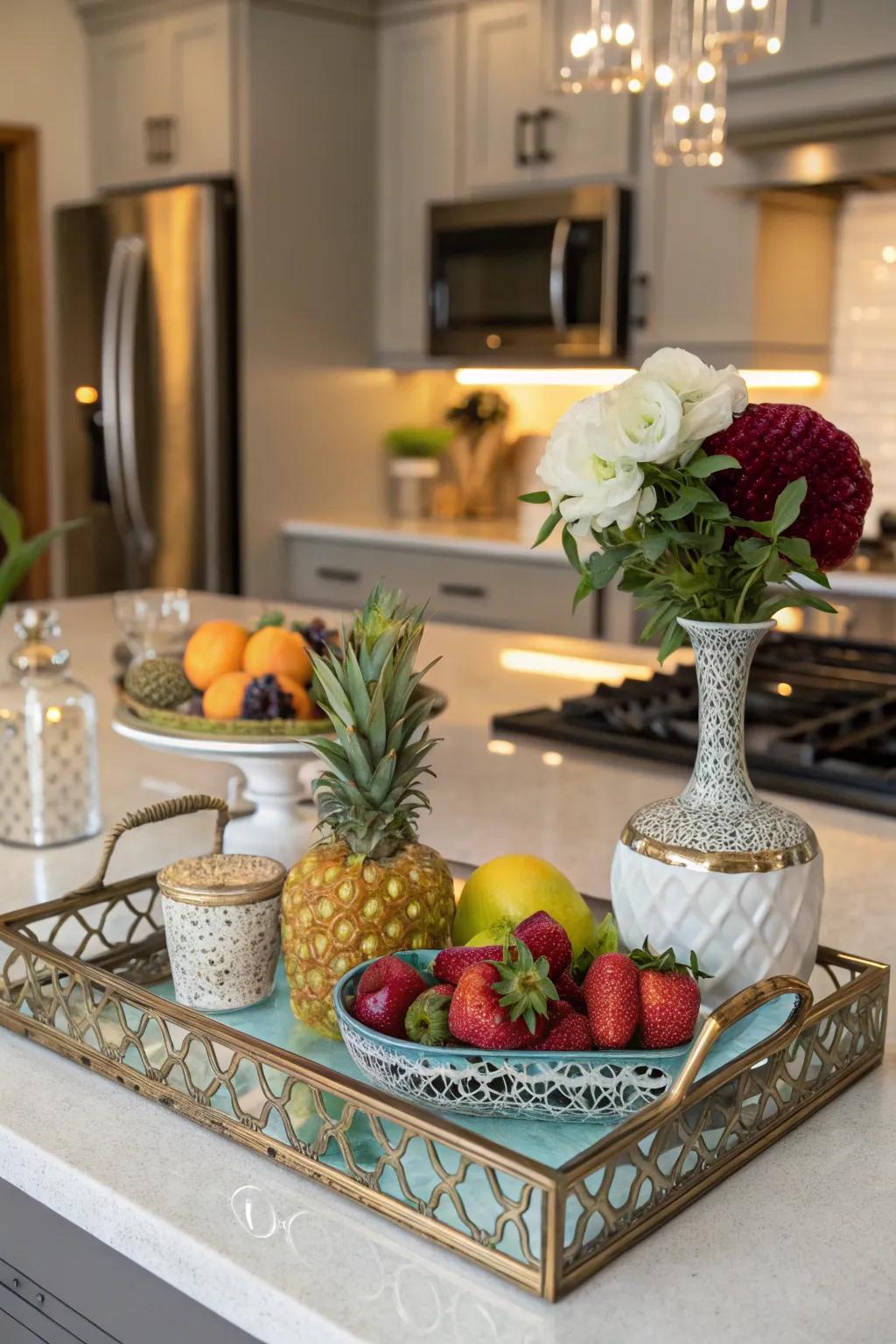 A mirror tray adds color and interest to your kitchen island.