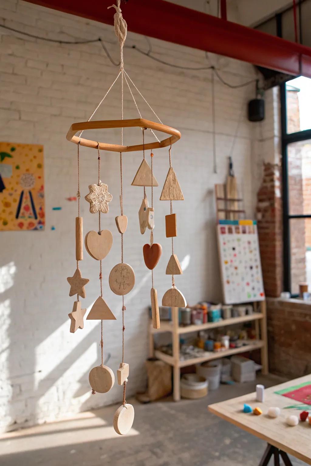 A tactile clay shape mobile adding an artistic flair to a studio.