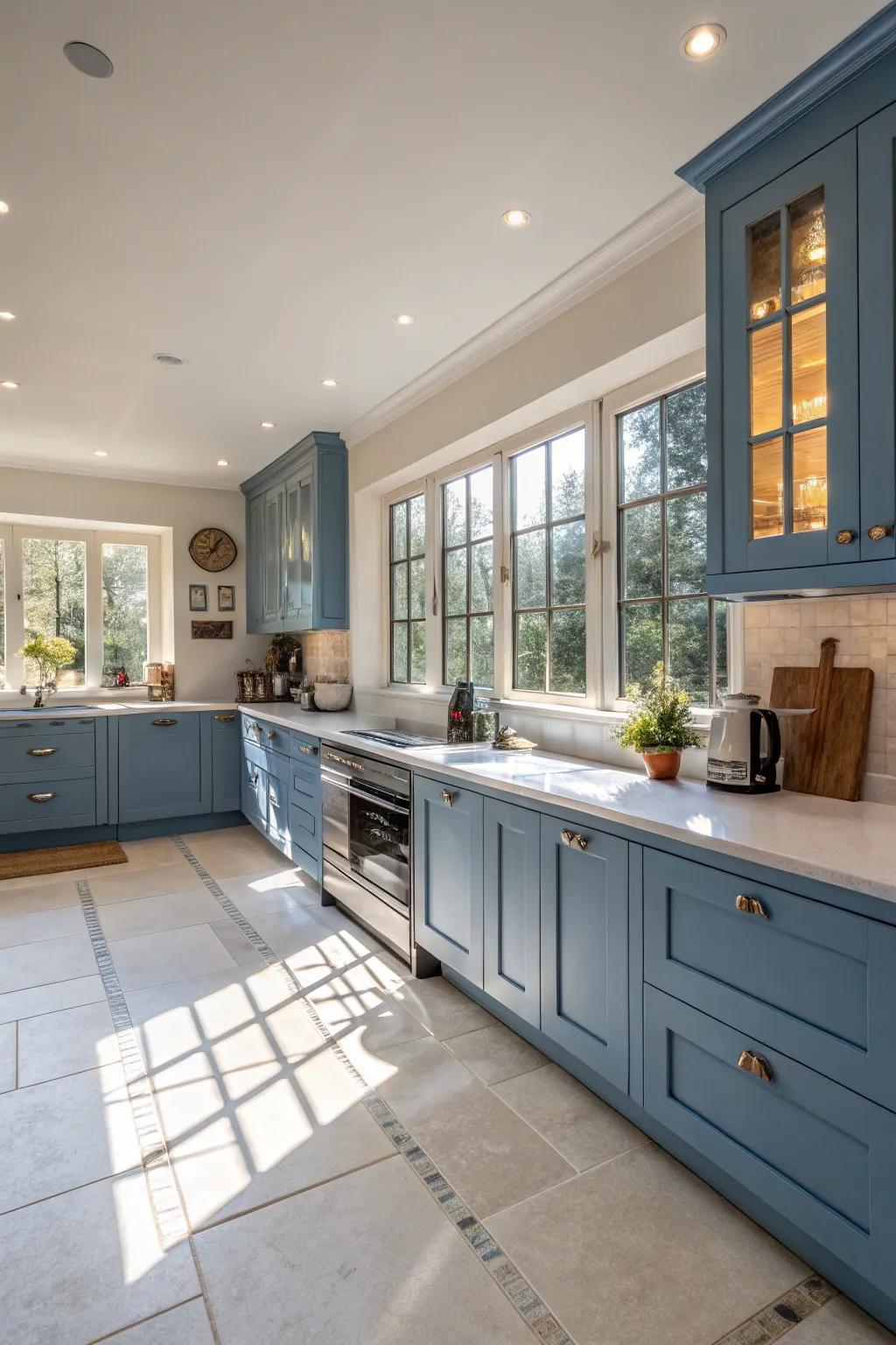 Natural light enhances the beauty of blue cabinets in this inviting kitchen.