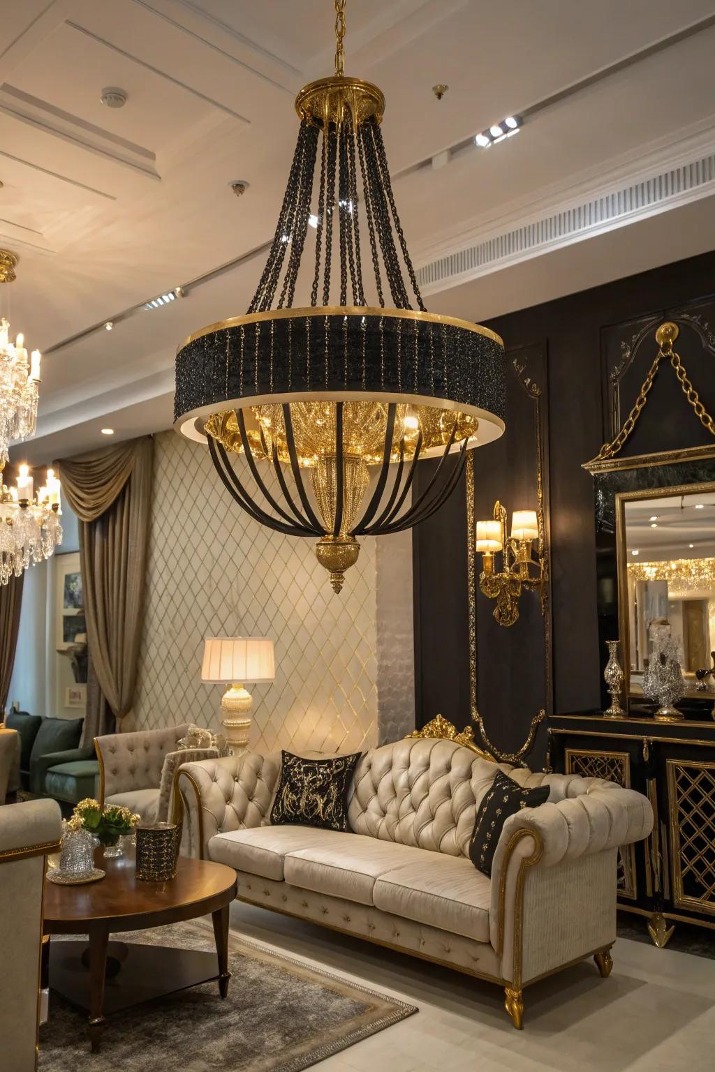 Black and gold chandeliers exude luxury and sophistication.