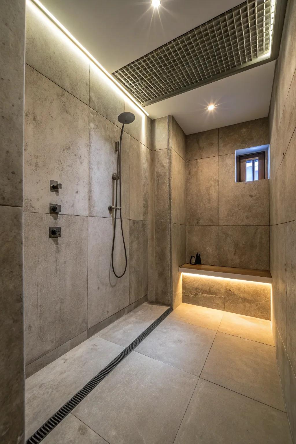 A concrete shower enhanced by strategic LED lighting.