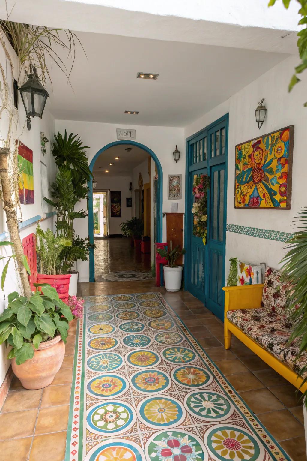 Colorful tiles create a playful and inviting atmosphere in this entryway.