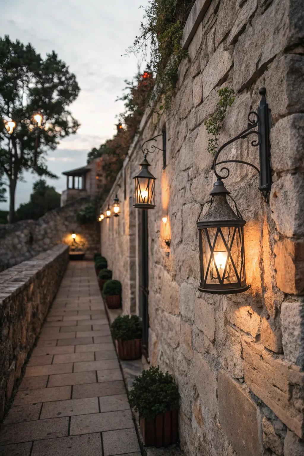 Lanterns mounted on stone walls add rustic charm and inviting glow.