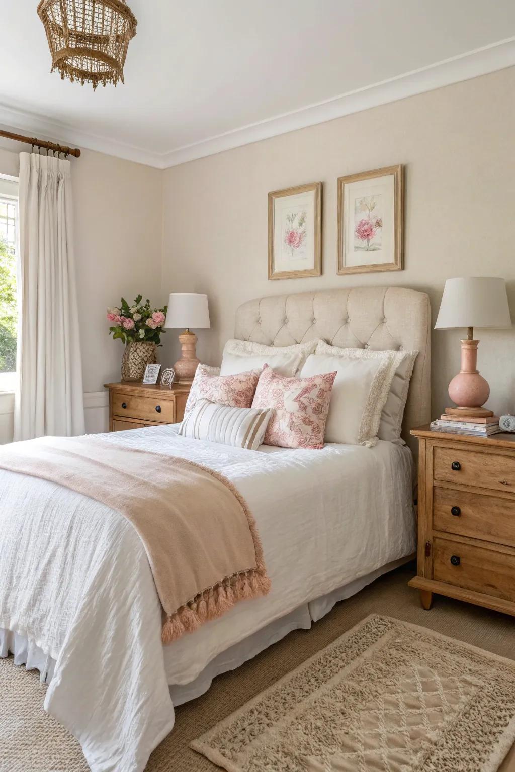 Neutral furniture balancing the pink hues for an elegant look.