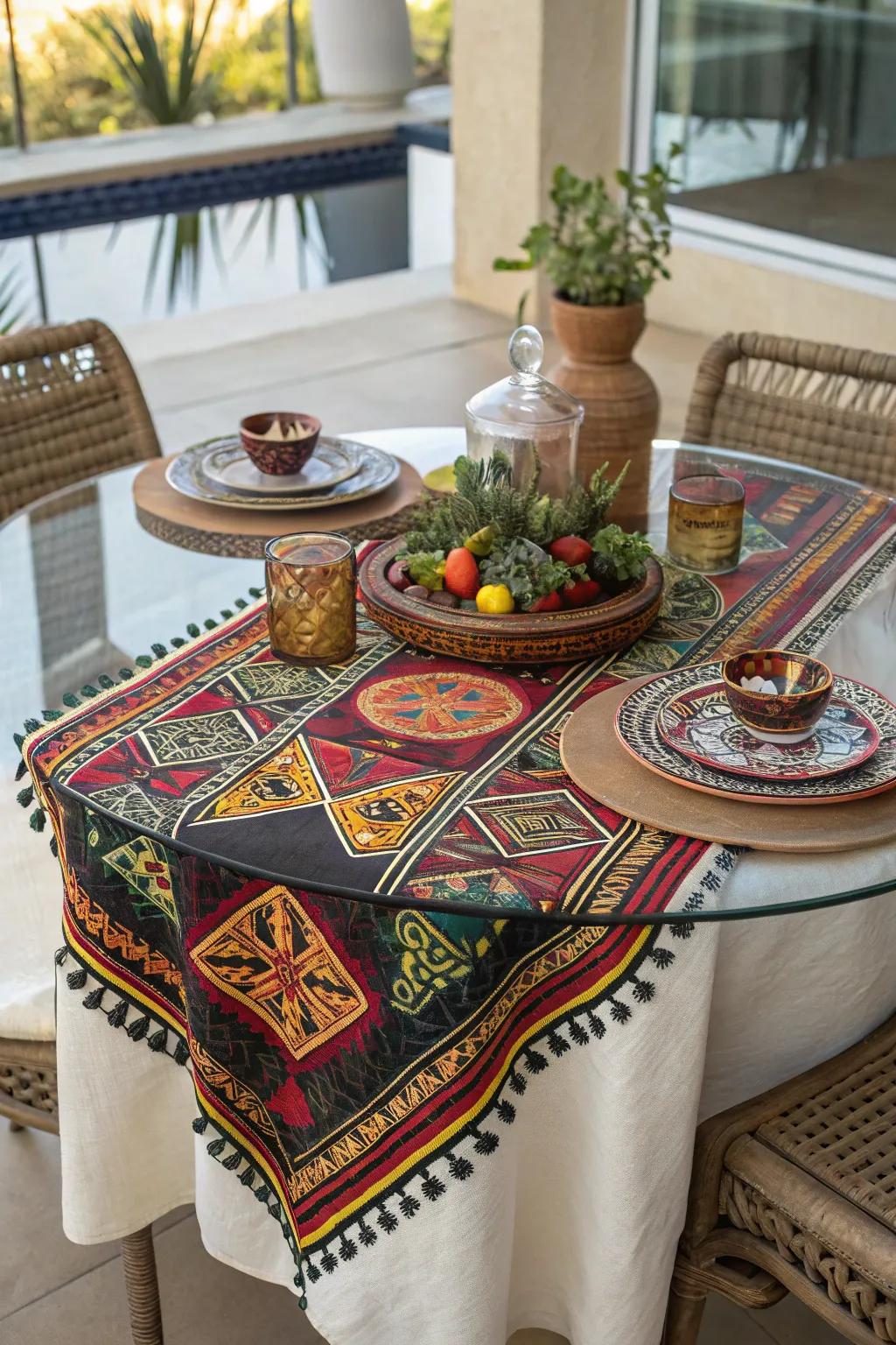 Cultural elements bring diversity and richness to a glass dining table setting.