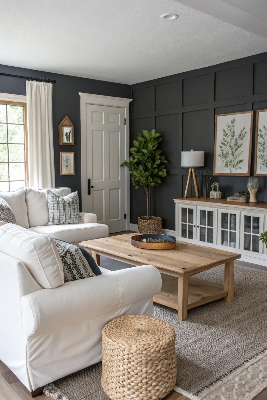 Dark gray accents create contrast and depth in this living room.