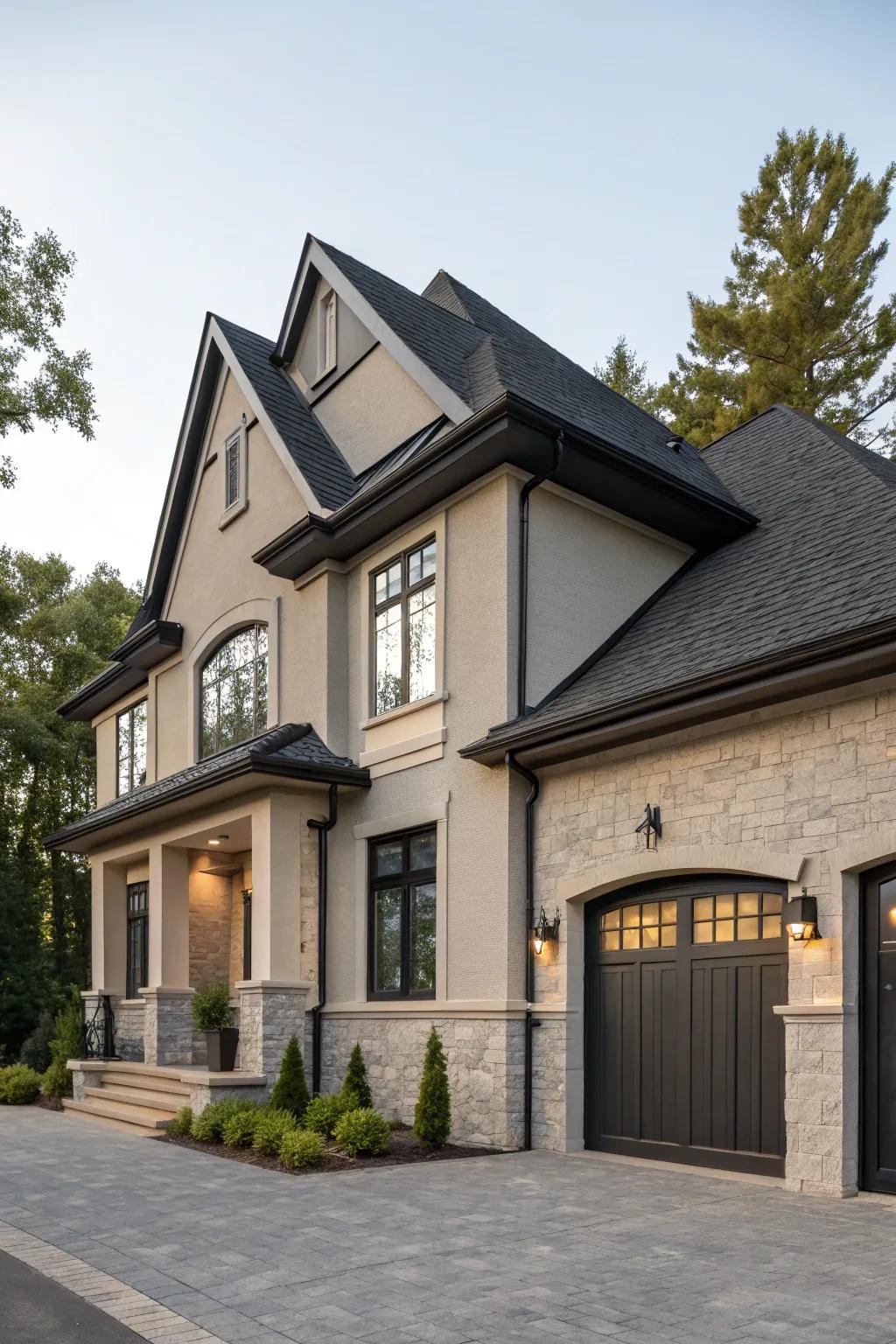 A house with grey, black trim, and beige accents, creating a sophisticated facade.