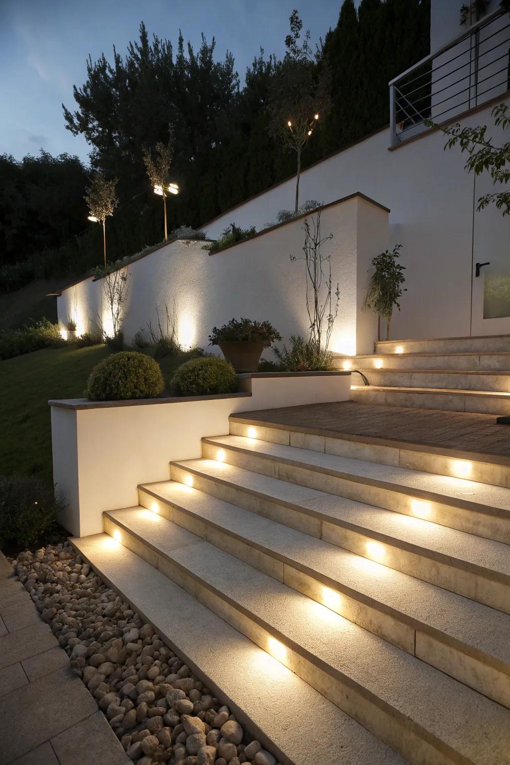 Flush-mount lights offering a minimalist and sleek lighting solution for outdoor steps.