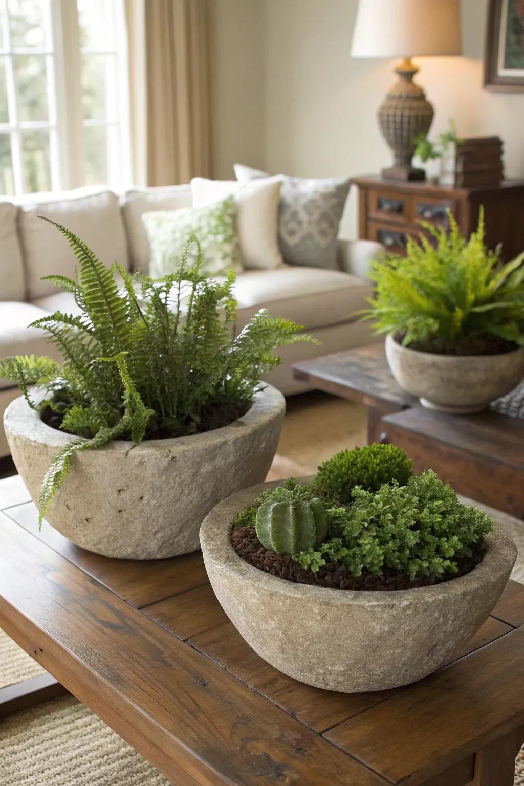 Stone planters add a touch of nature and timelessness.