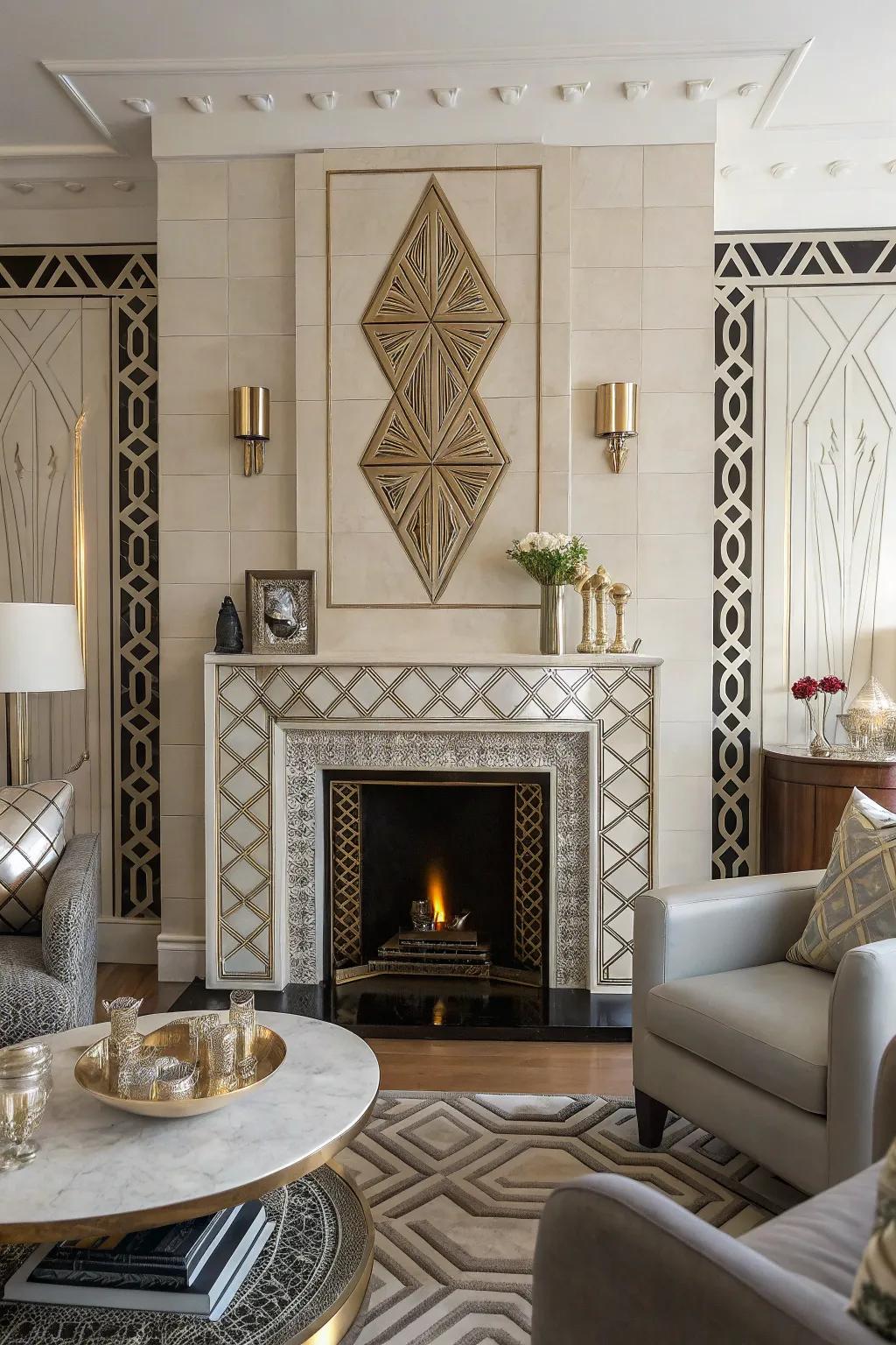 Art Deco influences add glamour to a plaster fireplace.