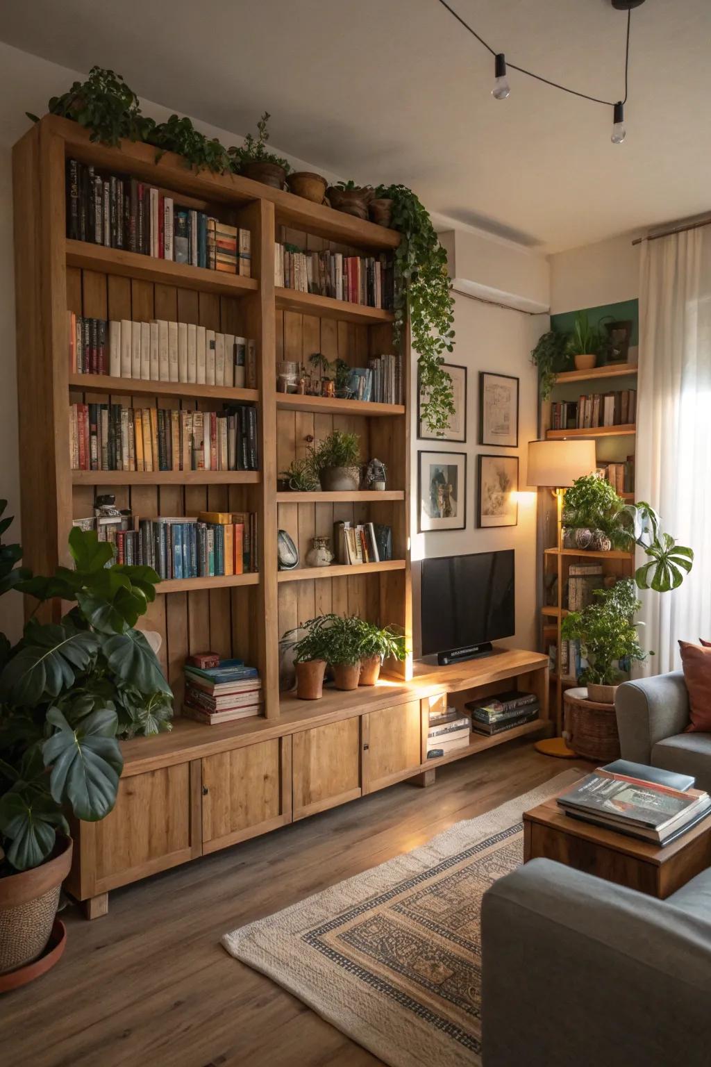 Natural wood shelves offer timeless warmth and character.