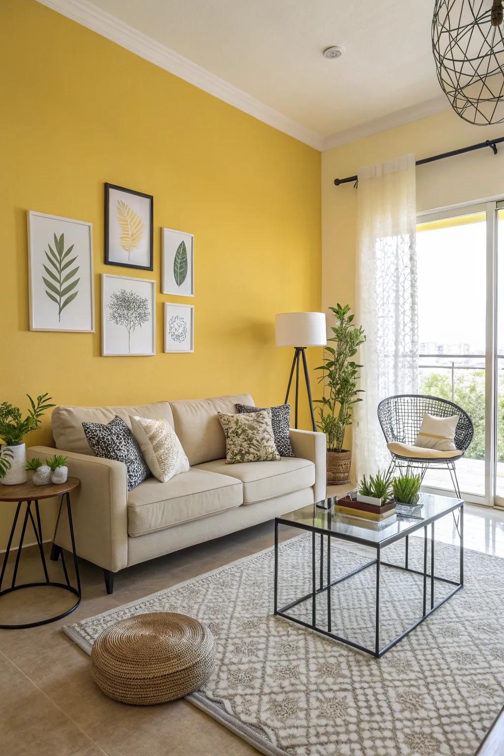 A yellow feature wall adds a burst of color and personality to the living room.