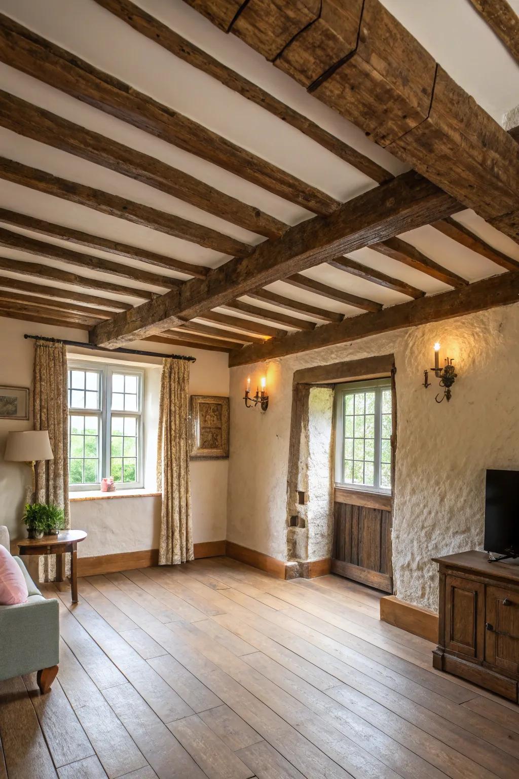 Ceiling beams with moldings add architectural interest.