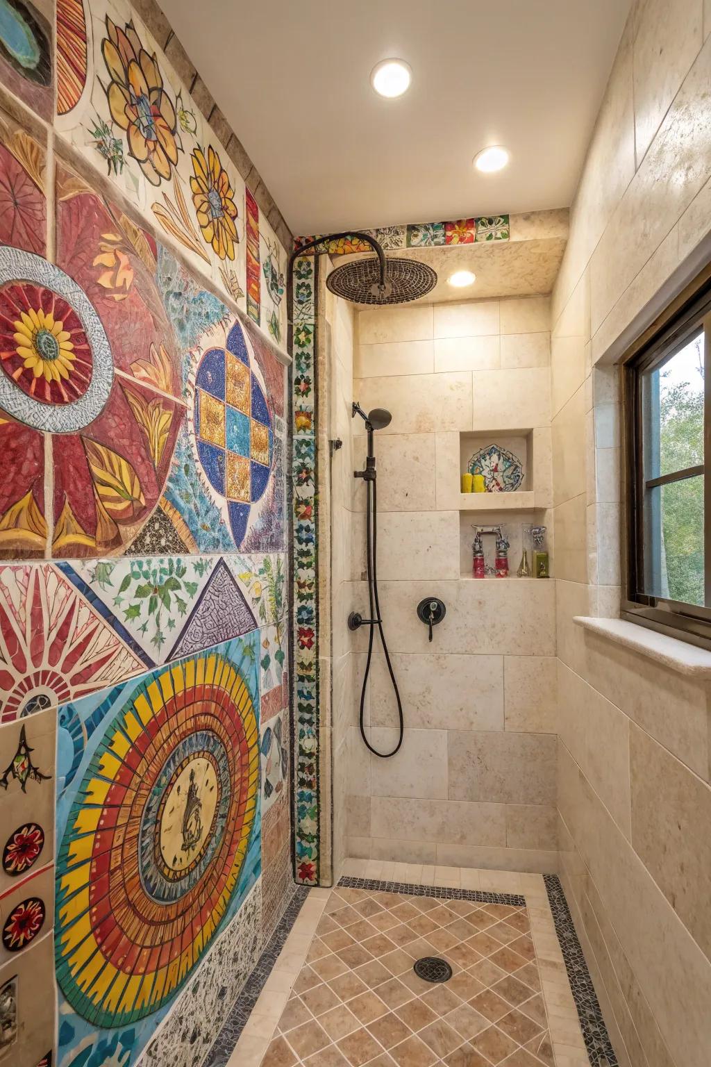 Mosaic murals transform the shower into a personal gallery.