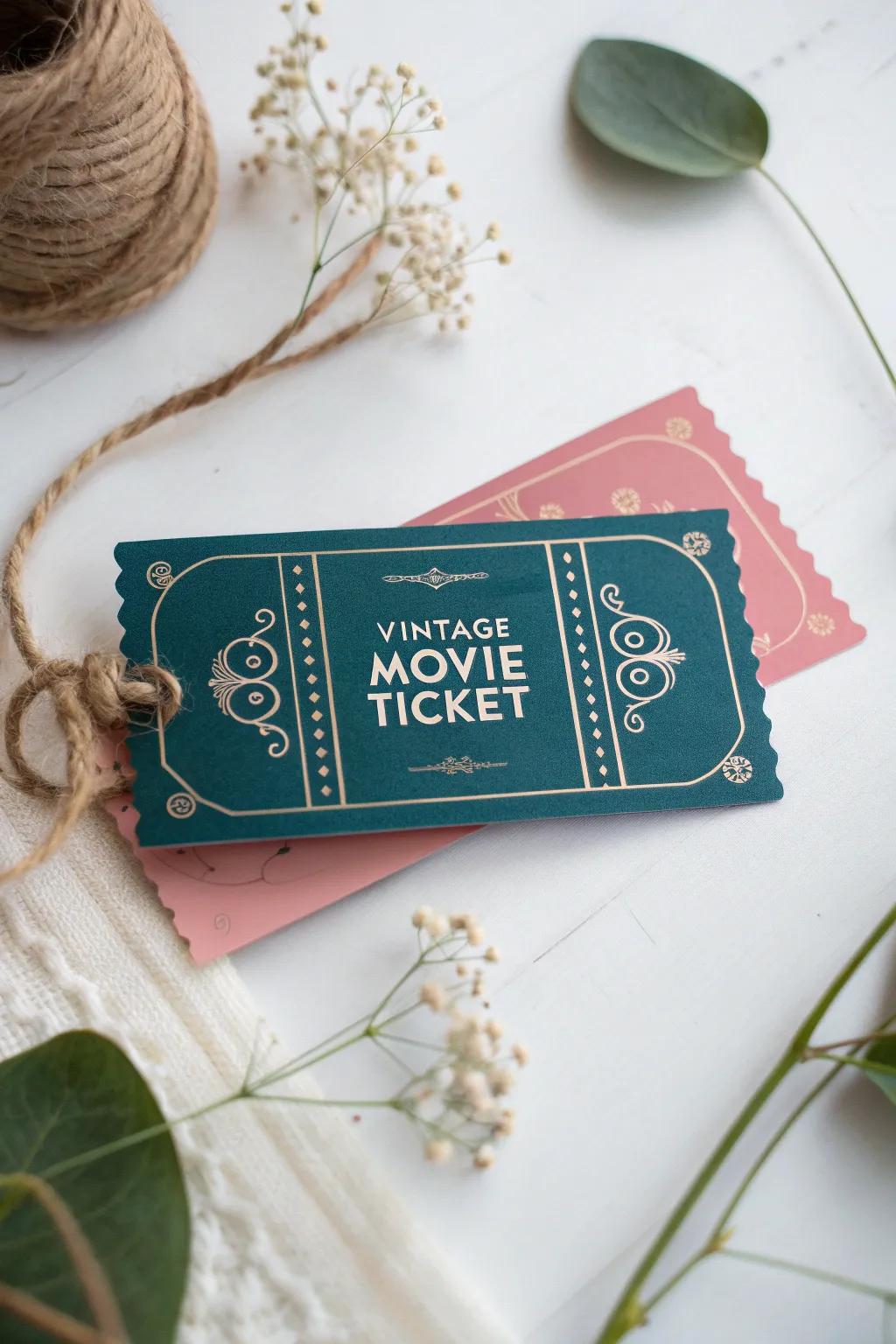 Invite your mom to a special movie night with these charming vintage ticket invitations—where minimalism meets boho elegance!