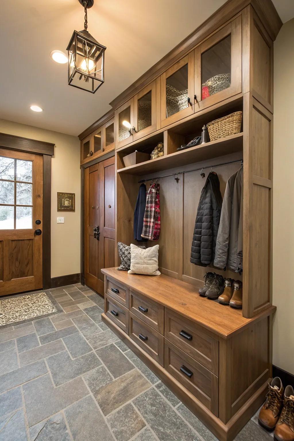 Benches with mixed storage solutions offer versatility in mudrooms.