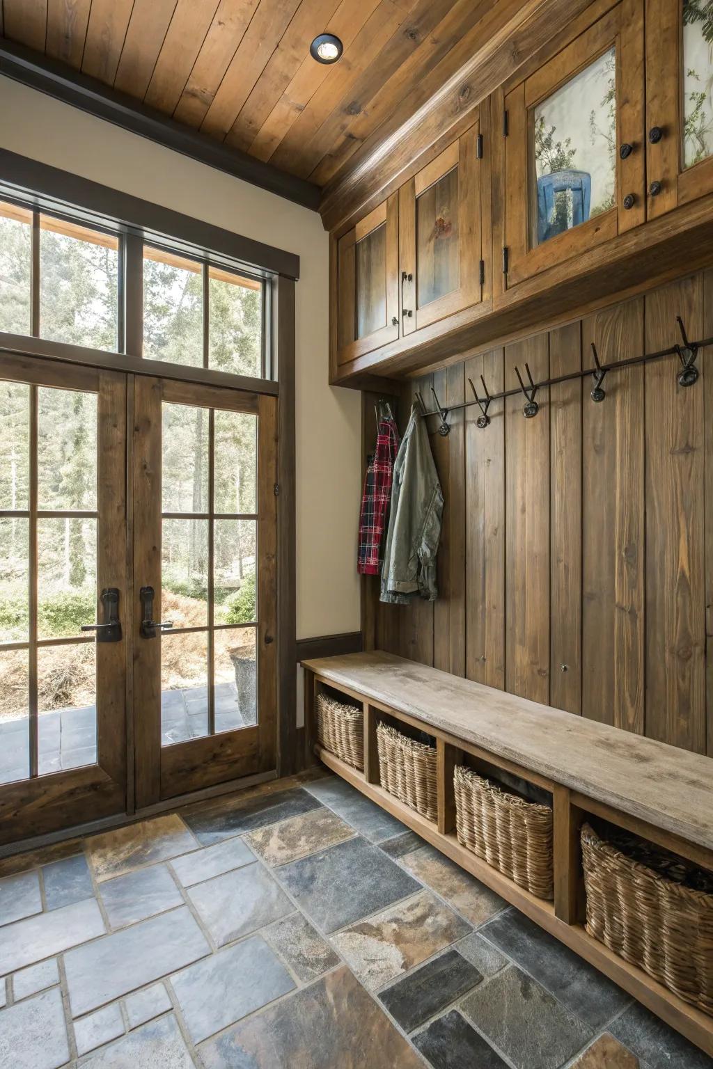 Mixing materials creates a dynamic and curated look in your mudroom.