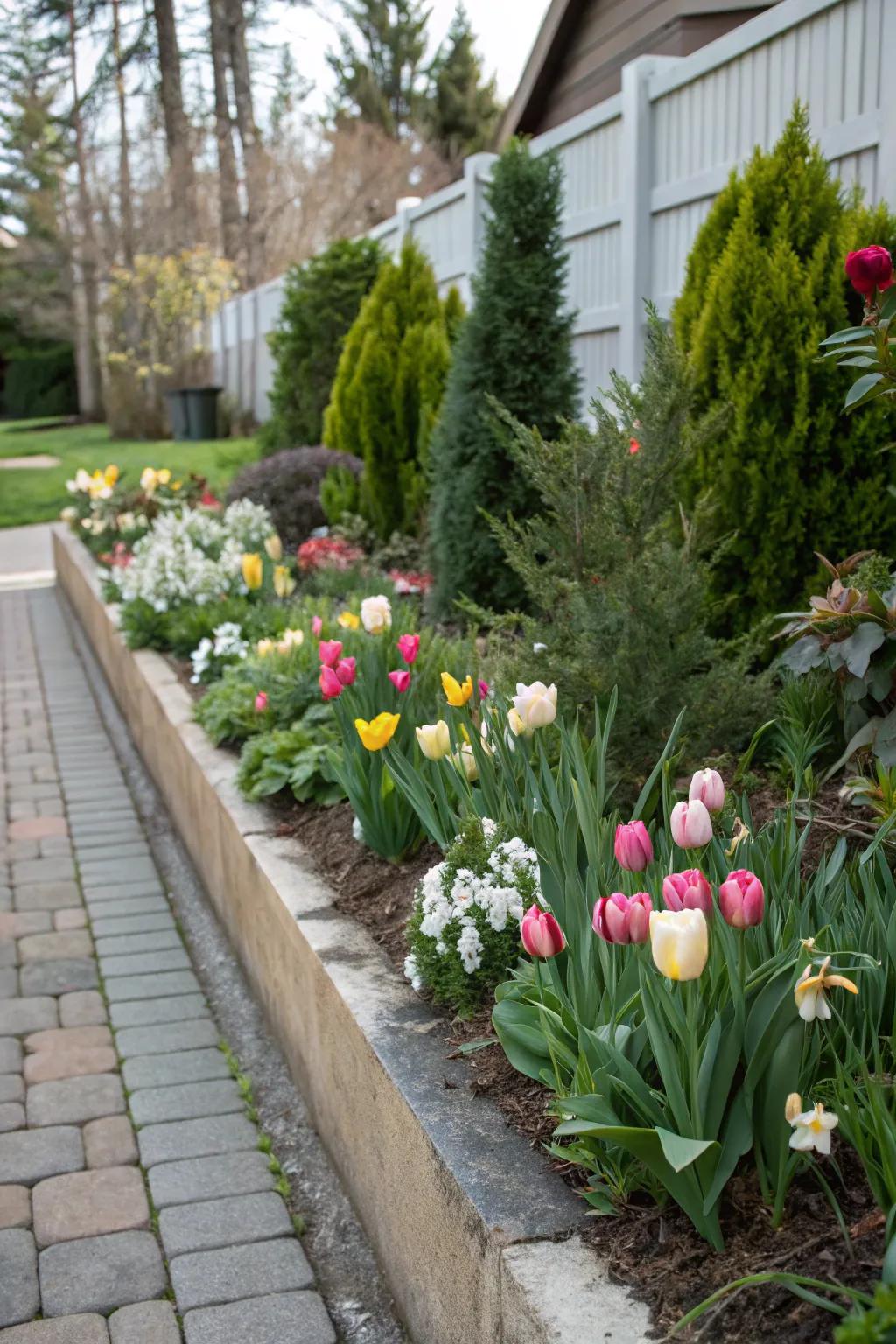 Planning for seasonal transitions keeps narrow flower beds attractive throughout the year.