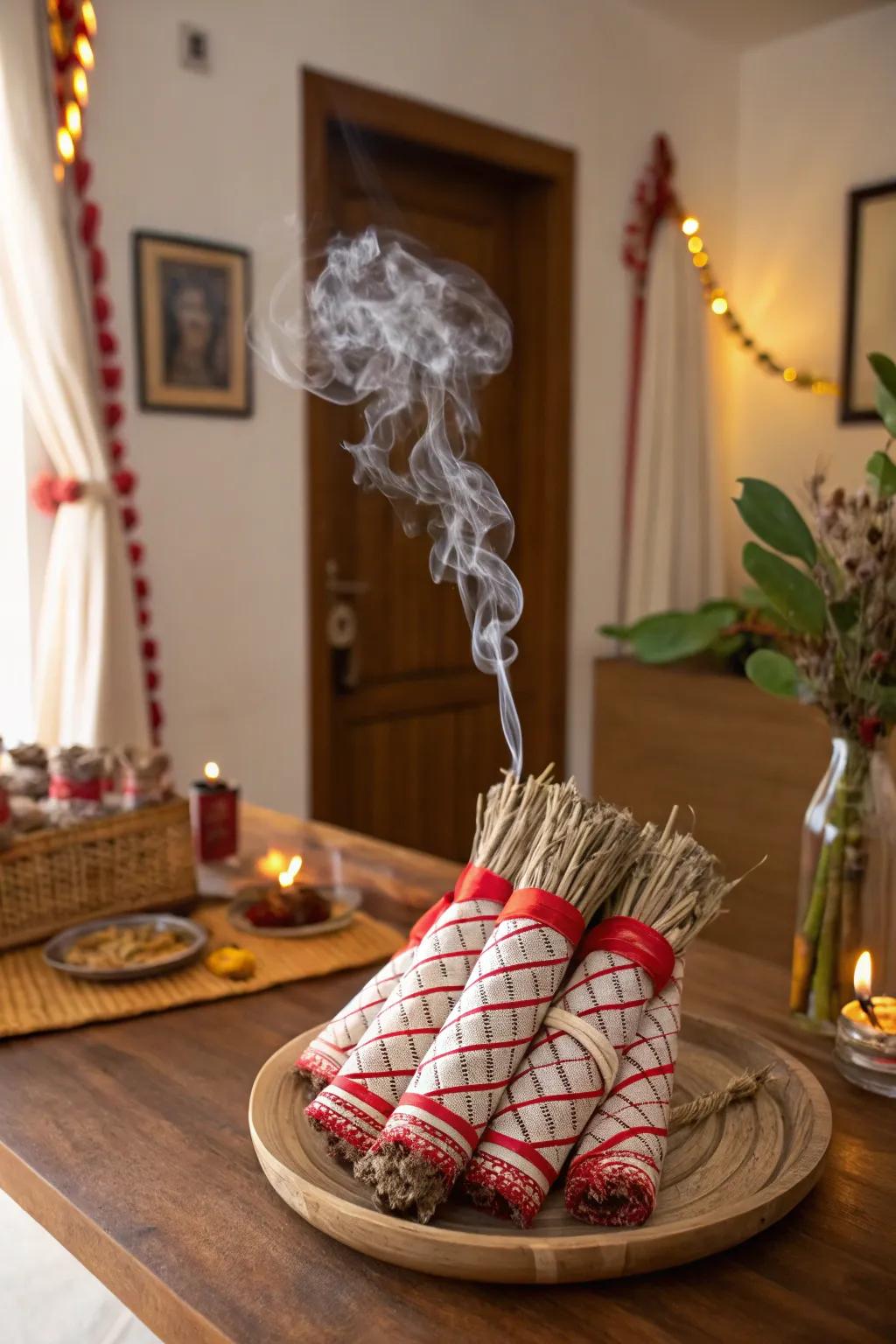 Smudge bundles used for cleansing and creating a spiritual ambiance during Navratri.