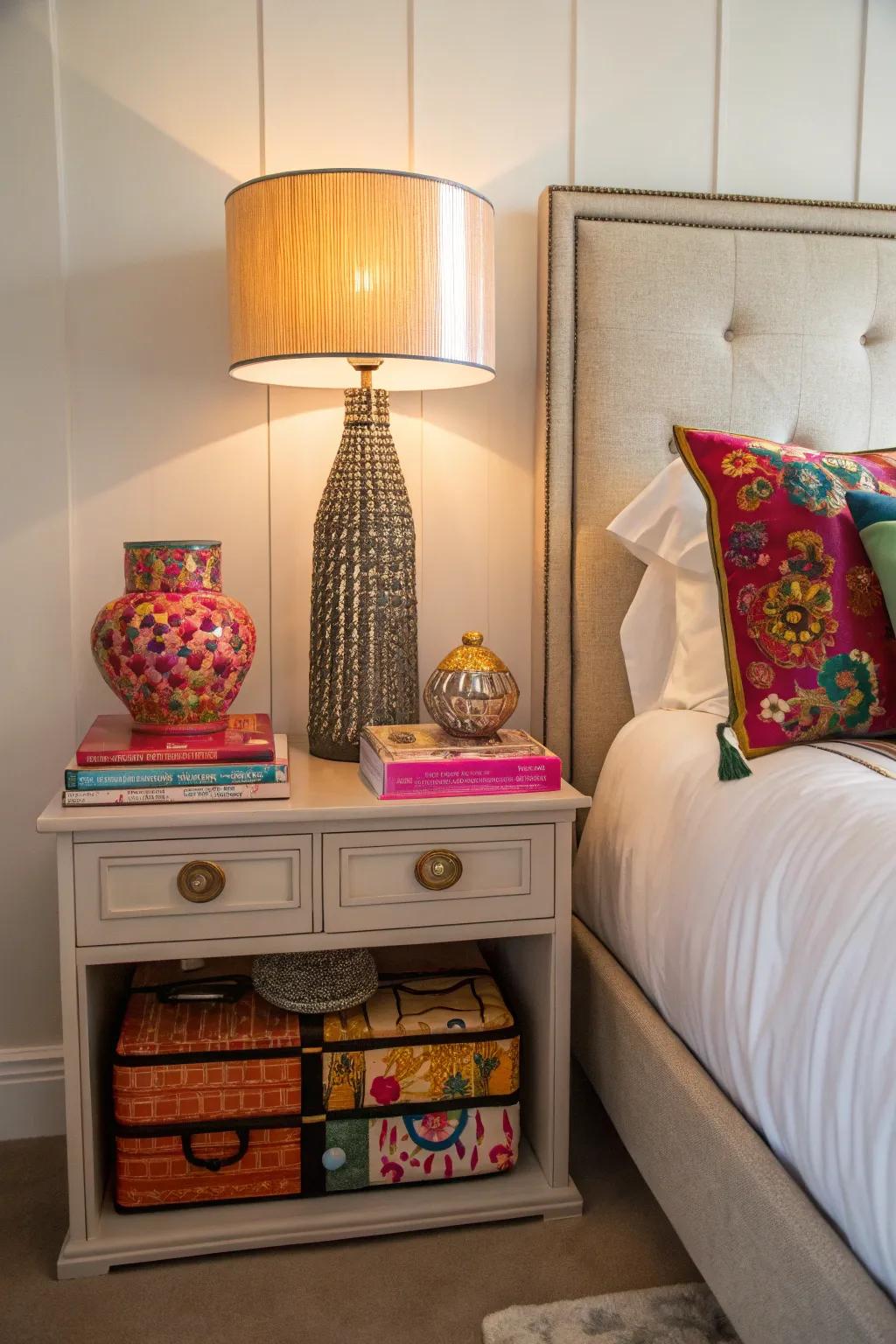 A nightstand with bold accessories and a vibrant lamp, adding a pop of color to the bedroom.