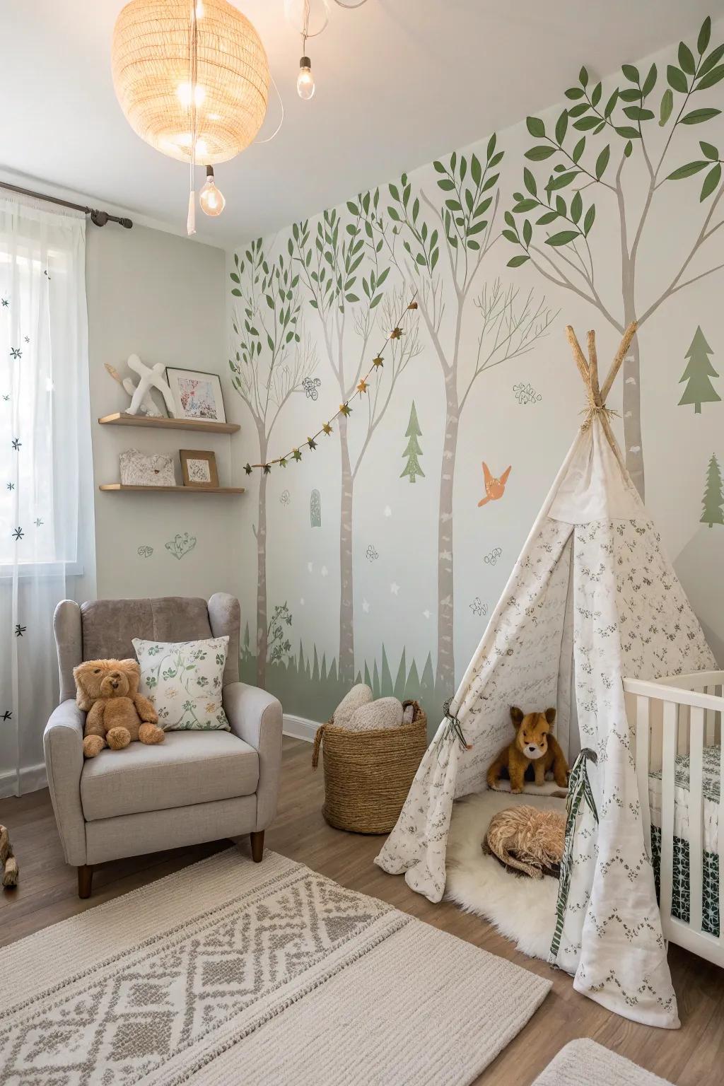 A magical nursery with a forest-themed accent wall creating a whimsical retreat.