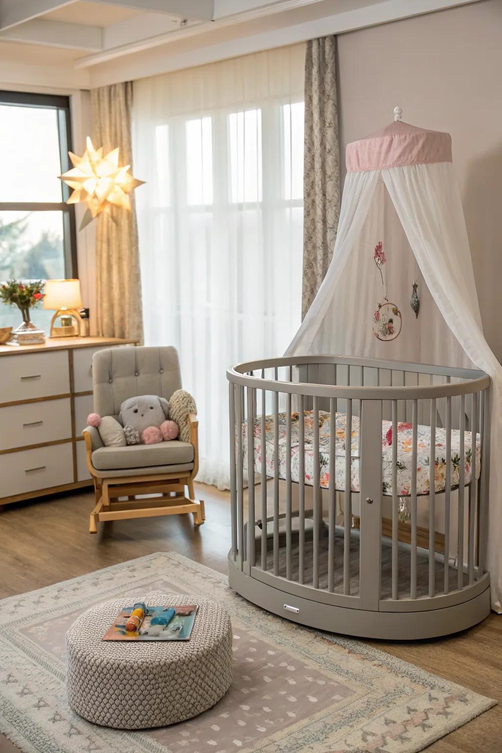 A convertible crib offers style and practicality in this nursery corner.