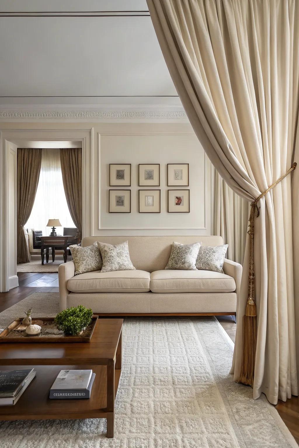 Elegant drapery adds sophistication and warmth to an oatmeal sofa setting.