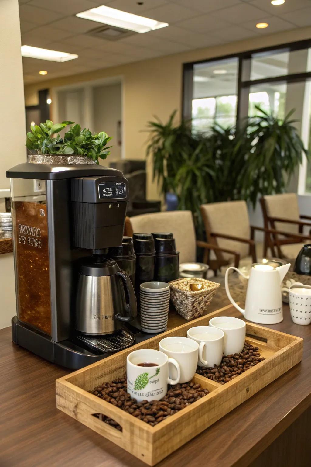 A coffee corner can be a delightful addition to your office.