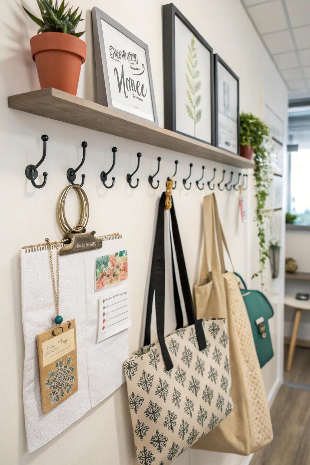 Decorative hooks add style and functionality to office walls.