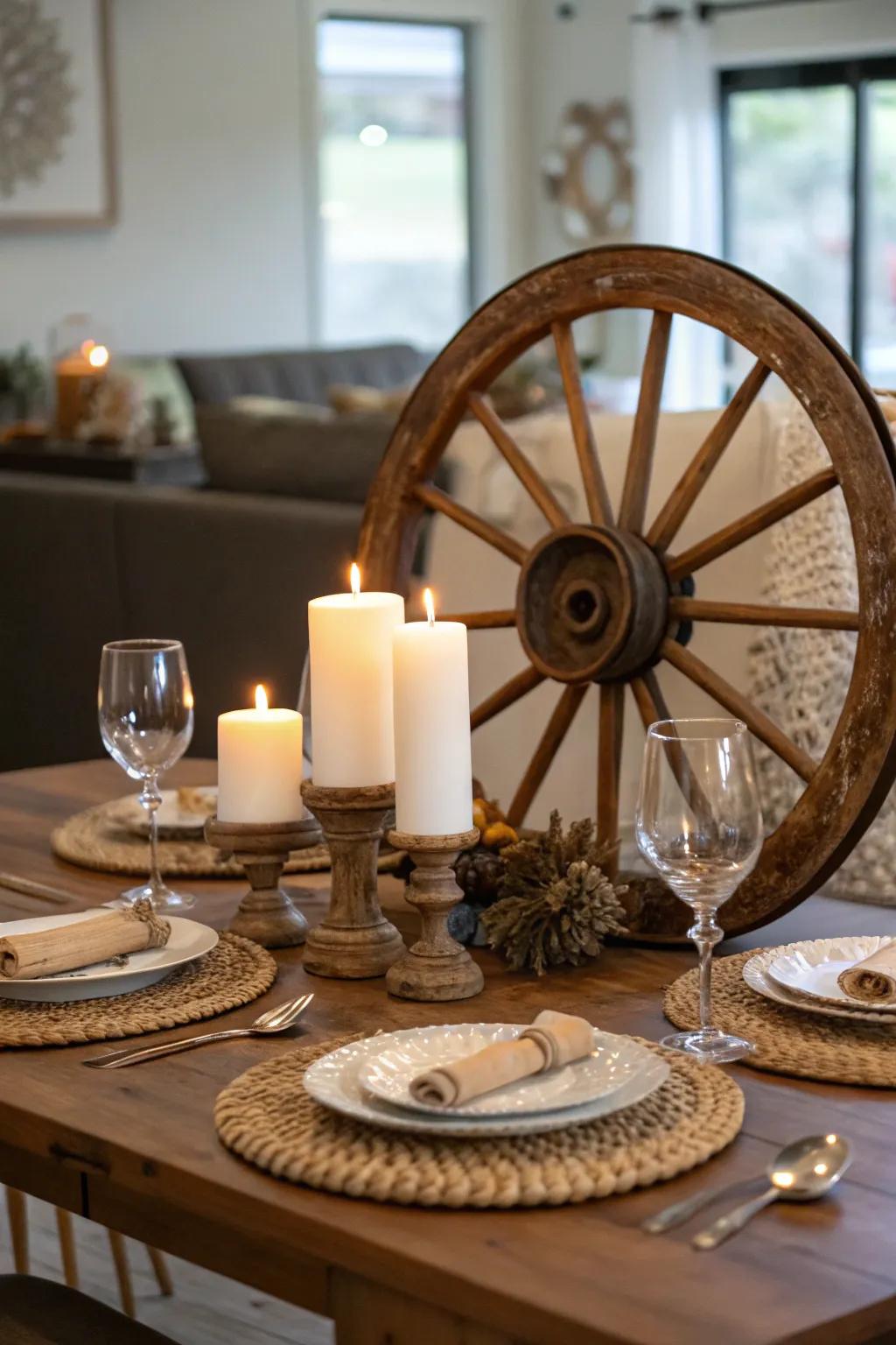 A wagon wheel centerpiece adds rustic elegance to the table.