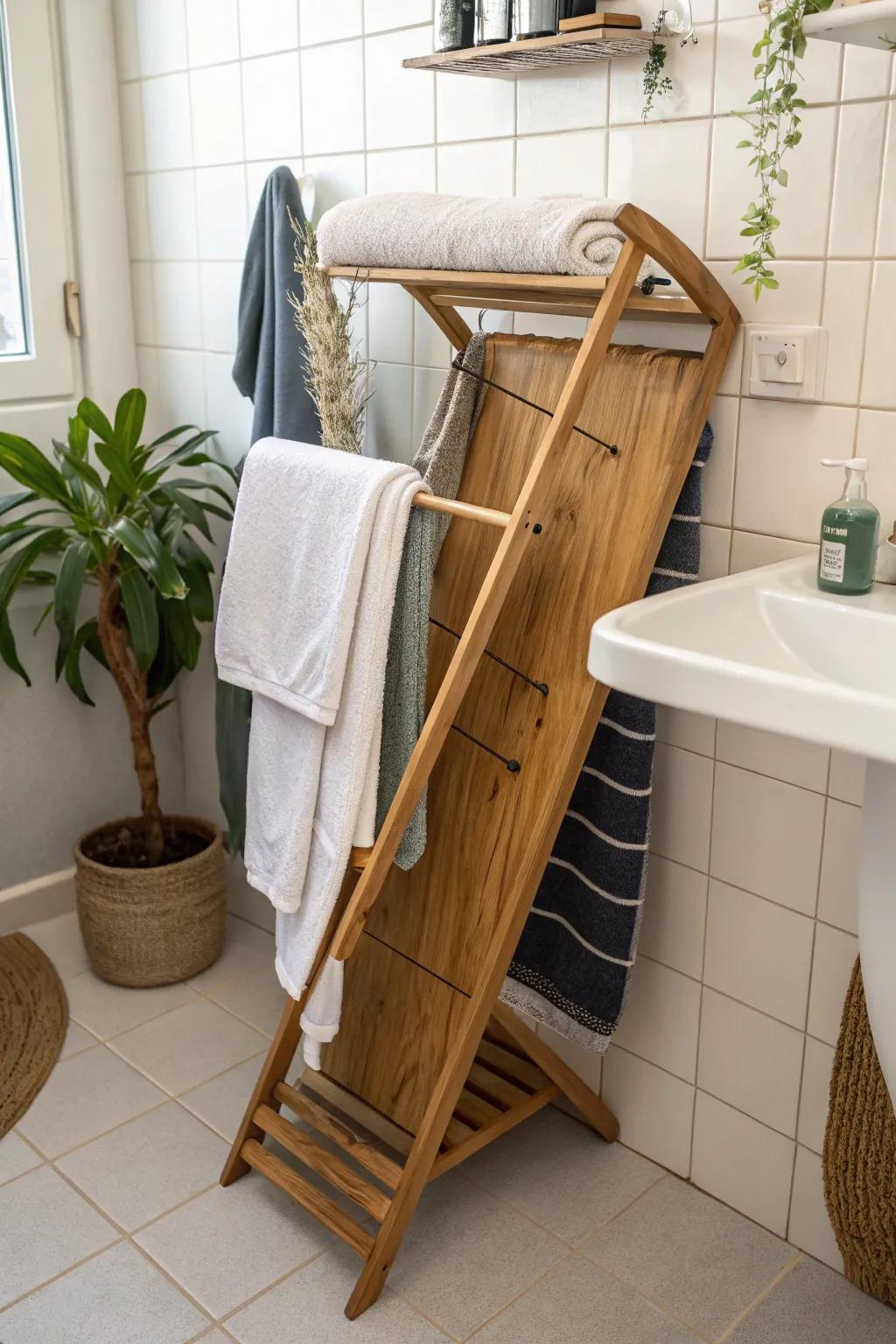 Enhance your bathroom with a unique ironing board towel rack.