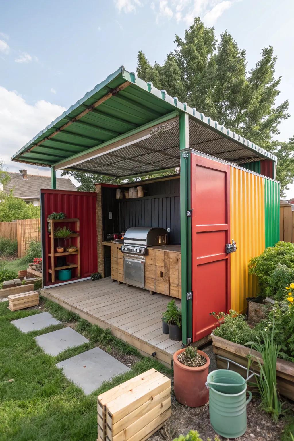 A repurposed shipping container offering a sustainable and functional BBQ shelter.