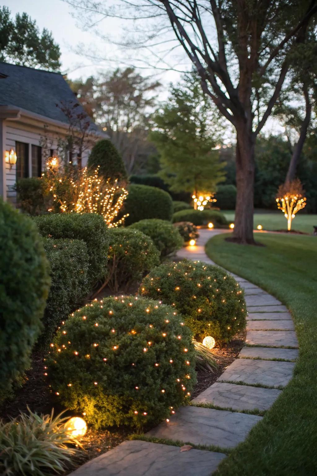 Bushes and shrubs wrapped in lights create a twinkling and cohesive holiday display.