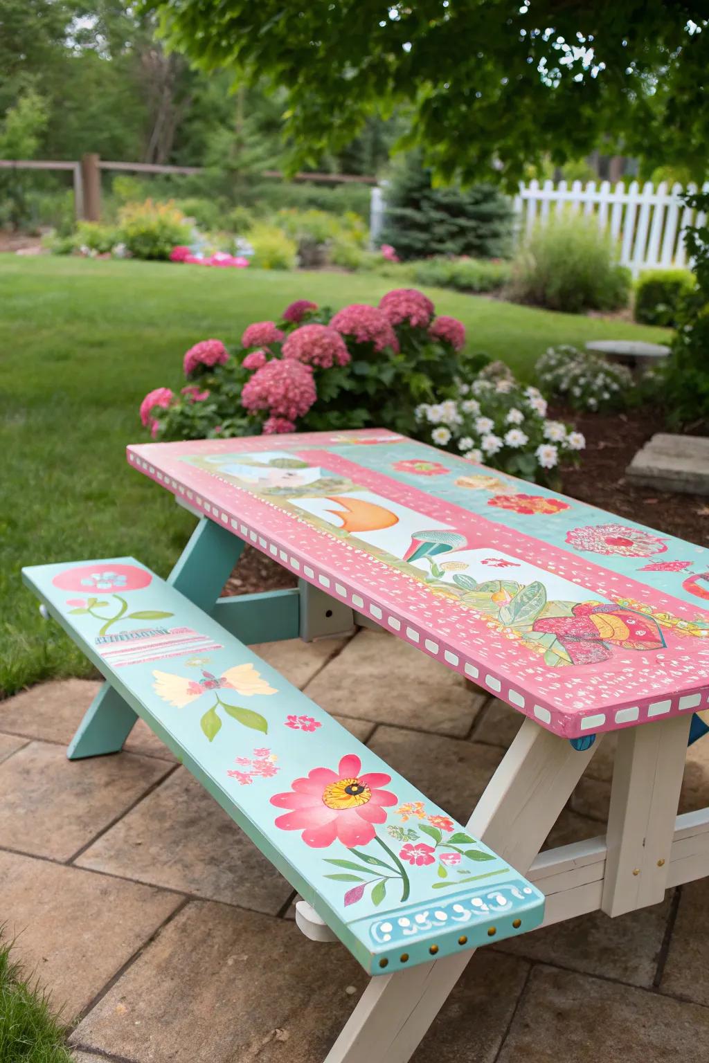 A DIY painted tabletop breathes new life and color into your picnic table.