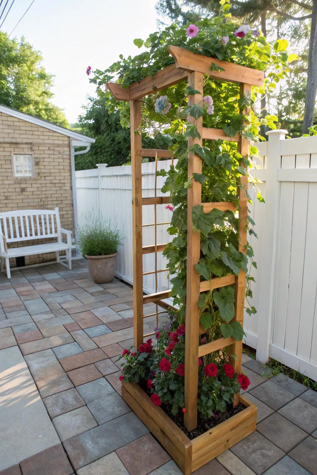 Add vertical interest with a wooden trellis plant stand.