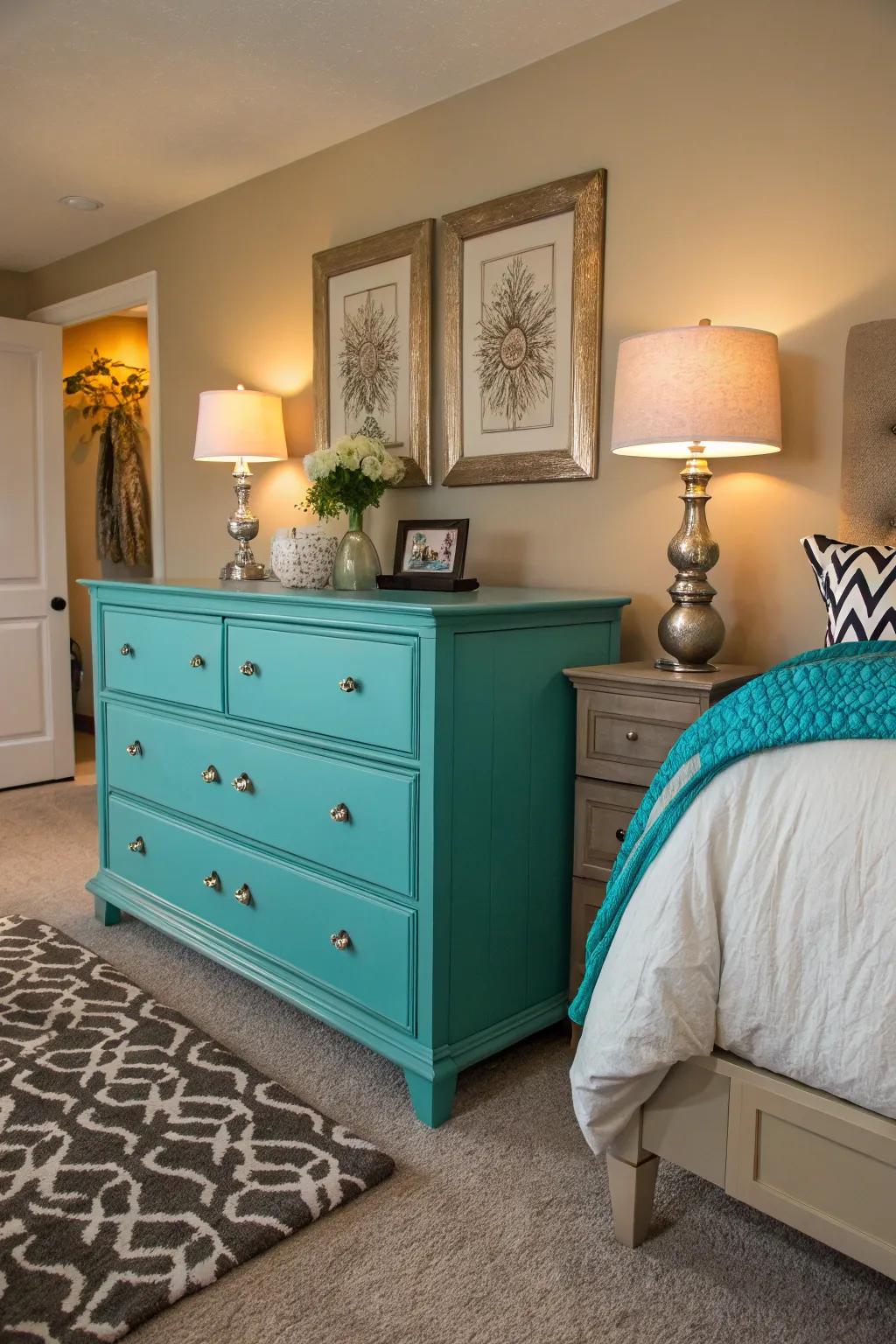 Painted furniture adds a pop of color and personality to this bedroom.