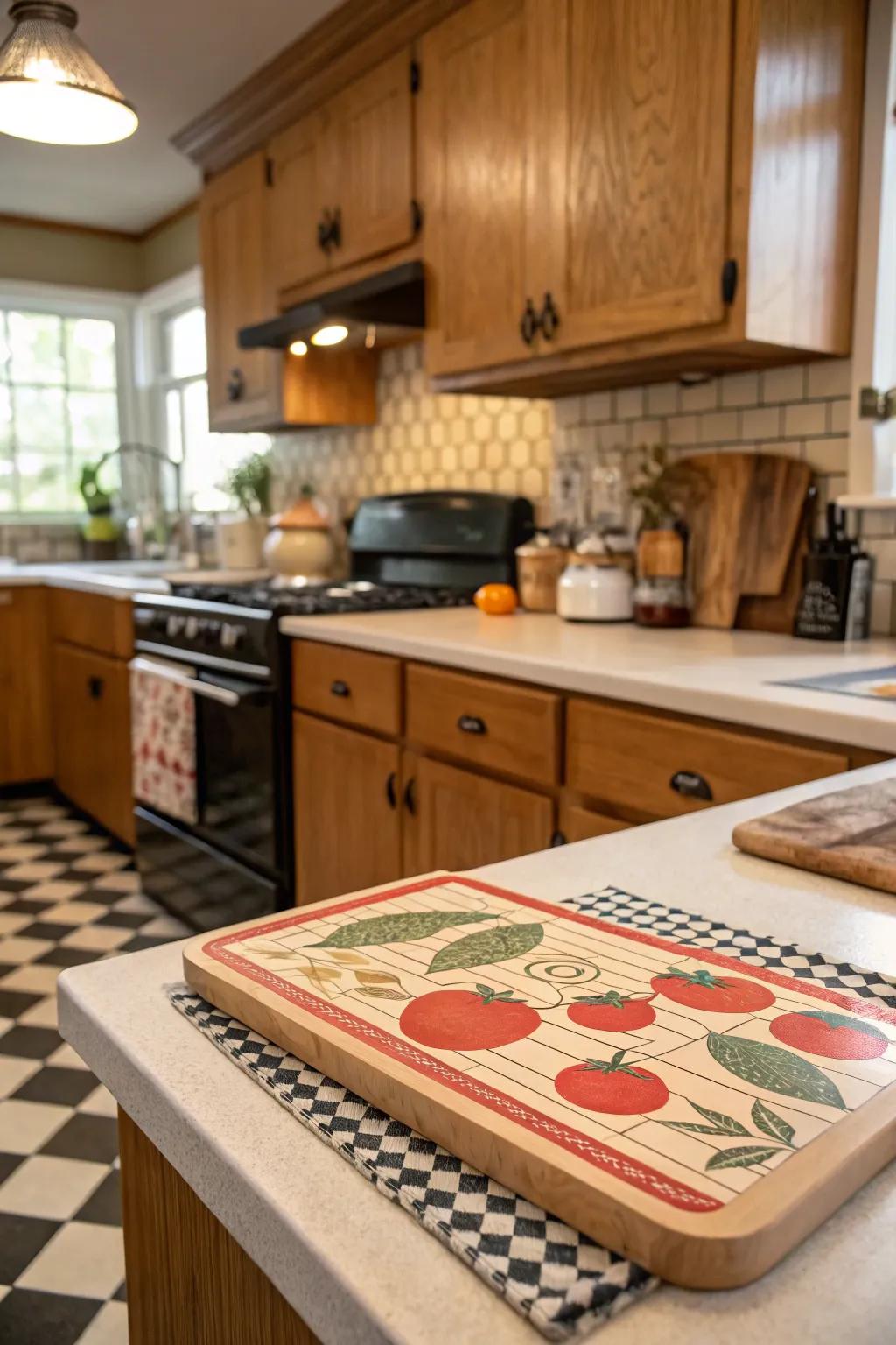 A cutting board with retro designs that brings a touch of nostalgia to the kitchen.