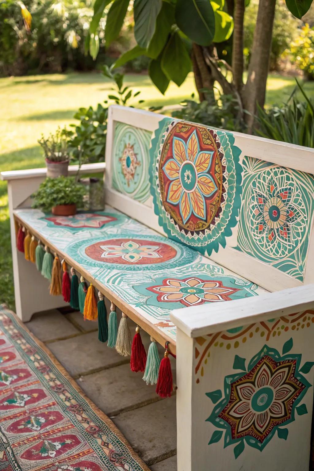 Transform your garden into a bohemian retreat with this beautifully painted bench adorned with vibrant mandalas and playful tassels. #BohoChic #OutdoorOasis