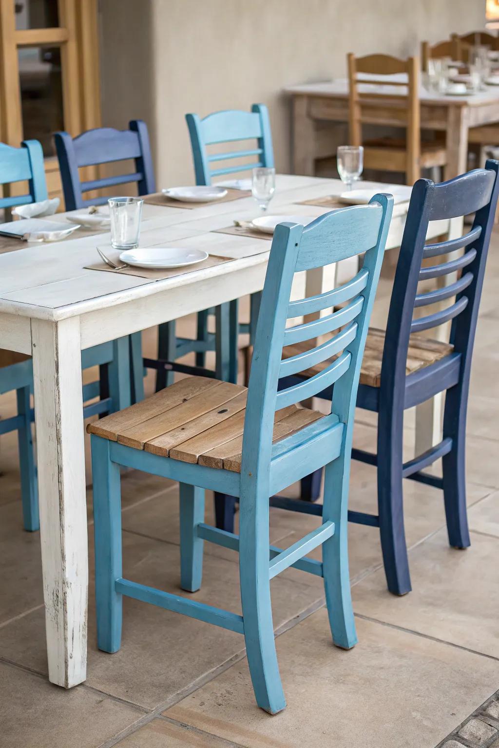 Dining chairs in a tonal blue gradient.