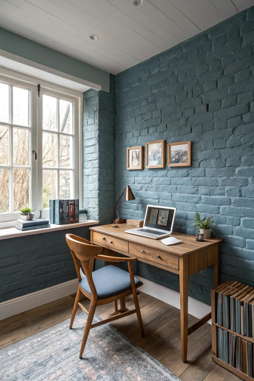 Slate blue painted brick walls creating a calm atmosphere in the home office.