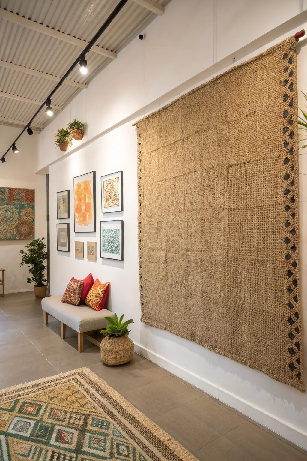 Add depth to your studio with rustic burlap textures. Simplicity meets creativity in this cozy, minimalist space.