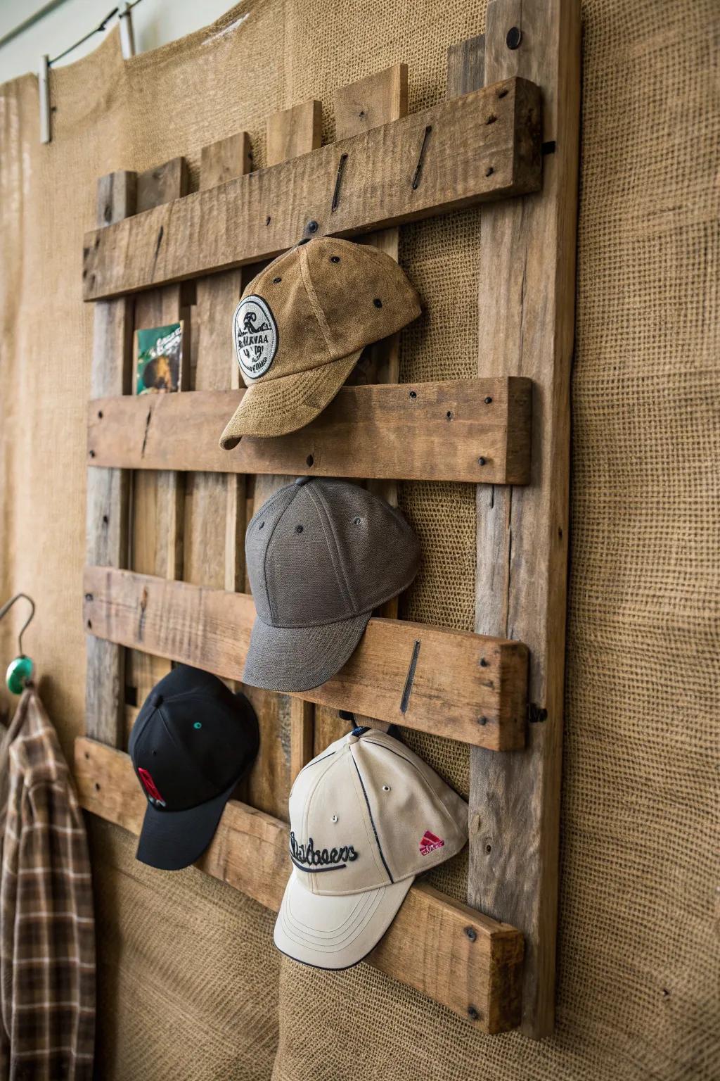 Elevate your space with a rugged pallet hat rack against a textured burlap backdrop.