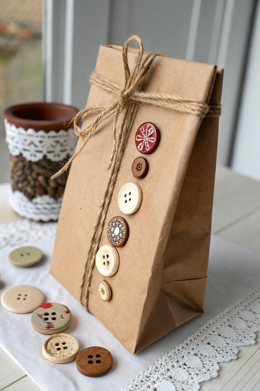 Elevate your gift wrapping with vintage button embellishments for a touch of charm and elegance.