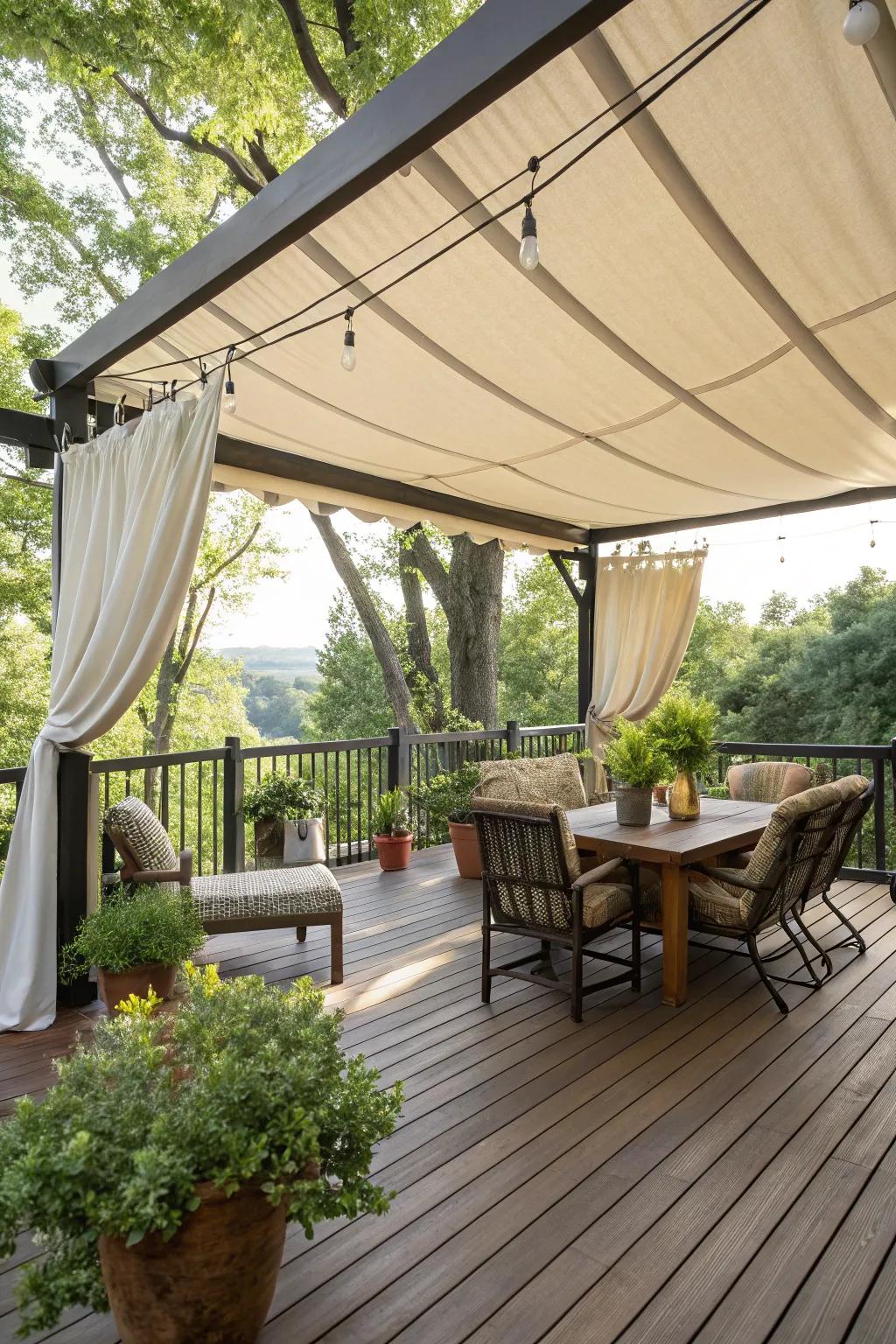 A stylish deck with a canvas canopy, offering shade and a touch of elegance.