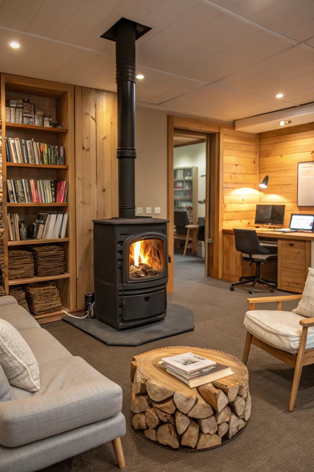 A wood-burning stove adds warmth and charm to your office.