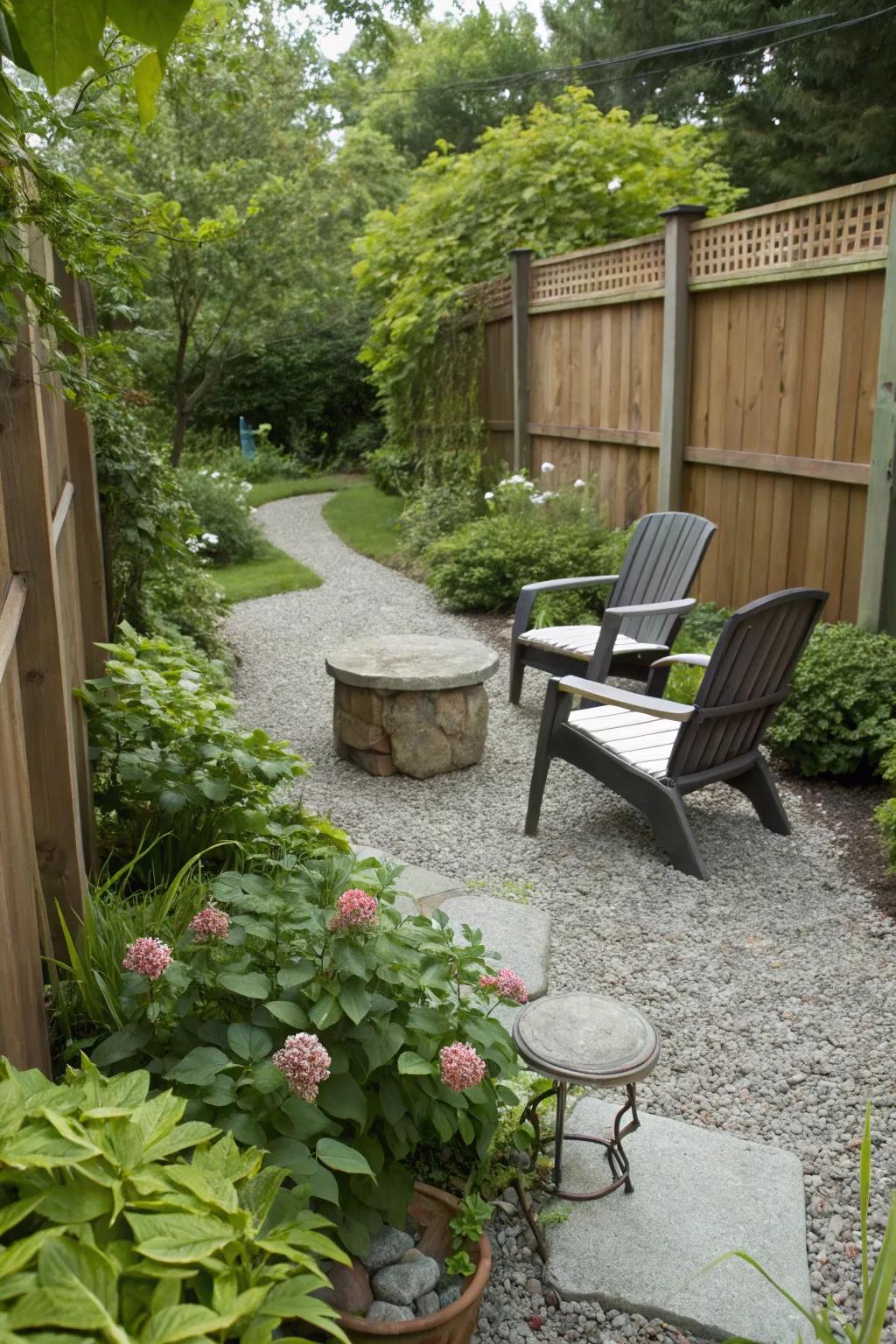 A gravel patio is a charming and cost-effective outdoor solution.