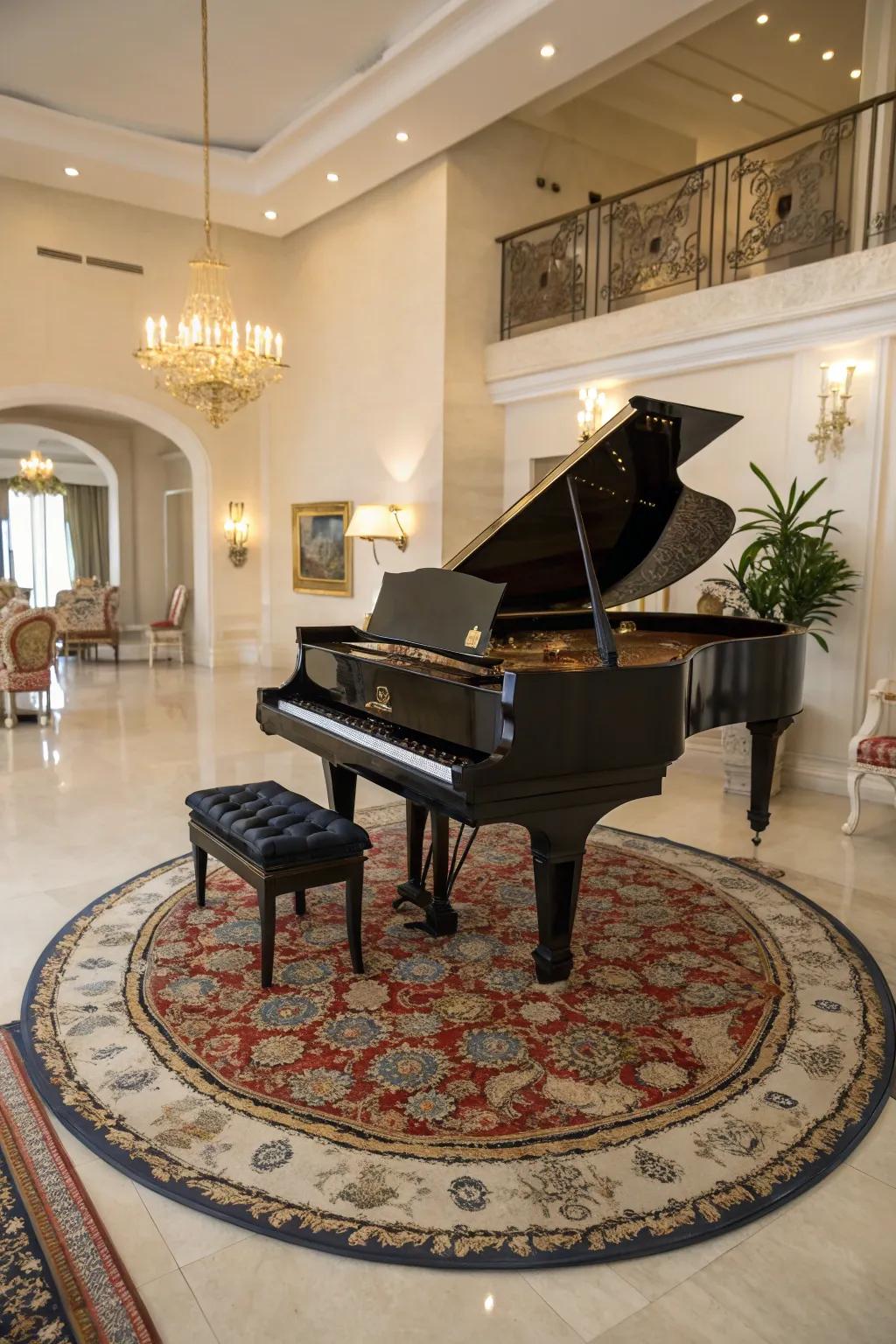 A decorative rug adds warmth and definition to the piano area.